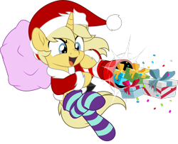 Size: 6162x5000 | Tagged: safe, artist:jhayarr23, part of a set, oc, oc only, oc:sunlight bolt, pony, unicorn, christmas, clothes, commission, holiday, present, simple background, socks, solo, striped socks, transparent background, ych result