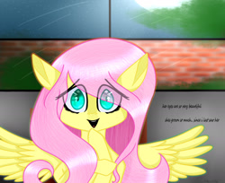Size: 2136x1740 | Tagged: safe, artist:smileyeyes34, fluttershy, pegasus, pony, g4, bust, eye clipping through hair, female, hoof on chin, looking at you, mare, open mouth, smiling, solo, speech, spread wings, talking, wings