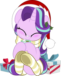Size: 4021x5000 | Tagged: safe, artist:jhayarr23, part of a set, starlight glimmer, pony, unicorn, g4, absurd resolution, blushing, chocolate, christmas, clothes, commission, cozy, cute, daaaaaaaaaaaw, eyes closed, female, food, glimmerbetes, happy, hat, holiday, hot chocolate, mare, present, santa hat, scarf, simple background, sitting, smiling, socks, solo, striped socks, transparent background, underhoof, weapons-grade cute, ych result
