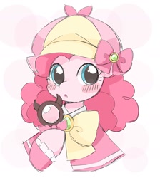 Size: 1675x1869 | Tagged: dead source, safe, artist:ginmaruxx, pinkie pie, earth pony, pony, g4, blush sticker, blushing, bow, crossover, detective, doodle, female, hat, looking at you, magnifying glass, simple background, solo, suzuko mimori, tantei opera milky holmes, voice actor joke, white background