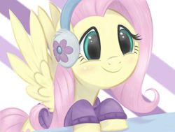 Size: 4302x3255 | Tagged: safe, artist:fladdrarblyg, fluttershy, pegasus, pony, g4, my little pony best gift ever, abstract background, bust, clothes, earmuffs, female, fluttershy's purple sweater, mare, scene interpretation, smiling, solo, spread wings, sweater, sweatershy, three quarter view, wings, winter outfit