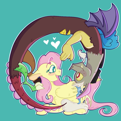 Size: 950x950 | Tagged: safe, artist:asstheticgarbage, discord, fluttershy, draconequus, pegasus, pony, g4, curled up, cute, discute, duo, eye contact, eyebrows, eyebrows visible through hair, female, floppy ears, folded wings, green background, heart, looking at each other, looking at someone, lying down, male, mare, open mouth, open smile, profile, prone, ship:discoshy, shipping, shyabetes, simple background, smiling, smiling at each other, straight, upside down, wings