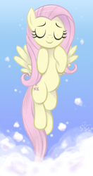 Size: 3509x6622 | Tagged: safe, artist:fladdrarblyg, fluttershy, pegasus, pony, fame and misfortune, g4, absurd resolution, cloud, eyes closed, female, flawless, flying, hooves to the chest, mare, scene interpretation, sky, smiling, solo, spread wings, we're not flawless, wings