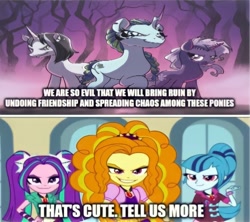 Size: 916x814 | Tagged: safe, idw, adagio dazzle, aria blaze, black belle, shadow storm, sonata dusk, violet shiver, pony, unicorn, equestria girls, g4, my little pony equestria girls: rainbow rocks, comic, disguise, disguised siren, evil smile, grin, meme, smiling, the dazzlings, wrong aspect ratio