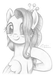 Size: 3103x4440 | Tagged: safe, artist:fladdrarblyg, fluttershy, pegasus, pony, g4, the last problem, bust, female, folded wings, grayscale, hair over one eye, hoof on chest, looking at you, mare, monochrome, older, older fluttershy, pencil drawing, portrait, raised hoof, simple background, smiling, solo, three quarter view, traditional art, white background, wings