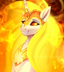 Size: 3641x4096 | Tagged: safe, artist:buvanybu, daybreaker, alicorn, pony, g4, bust, fangs, female, grin, high res, mane of fire, mare, smiling, solo