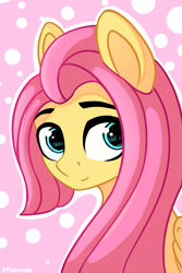 Size: 4000x6000 | Tagged: safe, artist:stravy_vox, fluttershy, pegasus, pony, g4, abstract background, absurd resolution, alternate hairstyle, bust, cute, female, looking at you, mare, outline, polka dot background, portrait, shyabetes, smiling, smiling at you, solo, three quarter view, white outline, wings