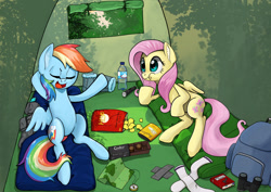 Size: 1800x1273 | Tagged: safe, artist:obcor, fluttershy, rainbow dash, pegasus, pony, g4, backpack, binoculars, camping, clothes, compass, cookie, duo, ear fluff, eating, female, flashlight (object), food, map, mare, sleeping bag, talking, tent, wings