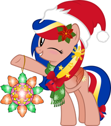 Size: 2296x2613 | Tagged: safe, artist:jhayarr23, oc, oc only, oc:pearl shine, pegasus, pony, christmas, clothes, female, hat, high res, holiday, looking at you, mare, nation ponies, philippines, santa hat, scarf, simple background, solo, transparent background