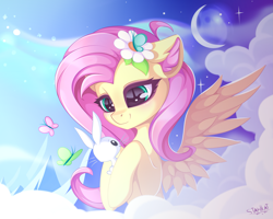 Size: 2869x2295 | Tagged: safe, artist:stahlkat, angel bunny, fluttershy, butterfly, pegasus, pony, rabbit, g4, angelbetes, animal, bust, cloud, crescent moon, cute, duo, ear fluff, female, flower, flower in hair, high res, holding, hoof hold, looking at each other, looking at someone, mare, moon, mountain, shyabetes, smiling, spread wings, stars, three quarter view, wings