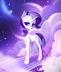 Size: 3586x4219 | Tagged: safe, artist:stahlkat, rarity, pony, unicorn, g4, abstract background, cloud, crescent moon, female, high res, looking at you, mare, moon, smiling, solo, standing, three quarter view, turned head
