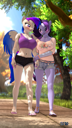 Size: 1080x1920 | Tagged: safe, artist:anthroponiessfm, oc, oc:inkwell stylus, oc:raven storm, anthro, 3d, belly button, blushing, breasts, clothes, cute, daisy dukes, feet, female, flip flops, holding hands, lesbian, looking at each other, looking at someone, nail polish, oc x oc, park, sandals, shadowboltsfm birthday, shipping, shirt, shorts, source filmmaker, toenail polish, walking