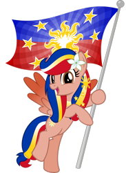 Size: 2095x2863 | Tagged: safe, artist:jhayarr23, oc, oc only, oc:pearl shine, pegasus, pony, bipedal, flag, high res, holding a flag, looking at you, nation ponies, open mouth, philippines, ponified, simple background, solo, transparent background