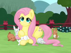 Size: 1600x1200 | Tagged: safe, artist:podiponi, fluttershy, pegasus, pony, rabbit, g4, animal, bush, cute, daaaaaaaaaaaw, ear fluff, female, fence, flower, folded wings, grass, heart eyes, looking at you, lying down, mare, outdoors, petting, prone, shyabetes, smiling, solo, that pony sure does love animals, three quarter view, tree, wingding eyes, wings