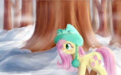 Size: 1415x881 | Tagged: safe, artist:taika403, fluttershy, pony, g4, cat hat, clothes, female, forest, hat, mare, outdoors, profile, smiling, snow, solo, tree, wingless, winter, winter outfit