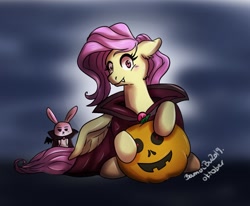 Size: 1265x1044 | Tagged: safe, artist:bubucoy, angel bunny, fluttershy, pegasus, pony, undead, vampire, g4, blushing, cape, clothes, costume, duo, fangs, female, floppy ears, halloween, halloween costume, holiday, jack-o-lantern, looking at you, mare, night, pumpkin, red eyes, sitting, smiling, spread wings, turned head, wings, wings down