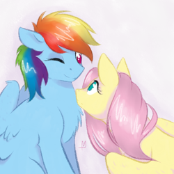 Size: 1000x1000 | Tagged: safe, artist:turn-silence, fluttershy, rainbow dash, pegasus, pony, g4, bust, chest fluff, curious, duo, eye contact, female, looking at each other, looking at someone, mare, one eye closed, simple background, smiling, three quarter view, white background, wings, wink