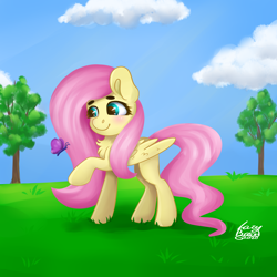 Size: 4000x4000 | Tagged: safe, artist:lazybread, fluttershy, butterfly, pegasus, pony, g4, blushing, chest fluff, crepuscular rays, cute, female, grass, looking at something, mare, outdoors, raised hoof, shyabetes, smiling, solo, standing, tree, wings