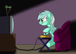 Size: 2904x2079 | Tagged: safe, artist:lifesharbinger, lyra heartstrings, pony, unicorn, g4, :p, arcade stick, chair, controller, female, gamer, gamer lyra, glare, high res, hoof hold, joystick, sitting, smiling, smirk, solo, television, tongue out, video game