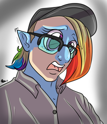 Size: 1897x2192 | Tagged: safe, artist:rex-equinox, rainbow dash, human, g4, cap, clothes, coat, glasses, hat, human to pony, open mouth, solo, transformation