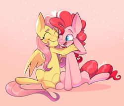 Size: 3133x2666 | Tagged: safe, artist:dymitre, fluttershy, pinkie pie, earth pony, pegasus, pony, g4, abstract background, blushing, duo, eyes closed, female, friendshipping, happy, heart, high res, hug, looking at someone, mare, one eye closed, open mouth, pink background, simple background, sitting, smiling, spread wings, underhoof, wings
