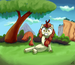 Size: 2500x2172 | Tagged: safe, artist:wallparty, autumn blaze, kirin, g4, female, grin, high res, hoof on chin, kirin day, leaning, looking at you, mare, outdoors, raised hoof, smiling, solo, tree