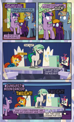 Size: 1920x3169 | Tagged: safe, artist:alexdti, moondancer, sunburst, twilight sparkle, oc, oc:brainstorm (alexdti), oc:purple creativity, oc:star logic, alicorn, pegasus, pony, unicorn, comic:quest for friendship, g4, blue eyes, cloak, clothes, comic, cutie map, dialogue, eye contact, female, floppy ears, folded wings, glasses, glowing, glowing horn, green eyes, gritted teeth, helmet, horn, looking at each other, looking back, magic, male, mare, messy mane, multicolored mane, open mouth, open smile, pegasus oc, purple eyes, raised hoof, shadow, shrunken pupils, smiling, speech bubble, stallion, standing, standing on two hooves, sunburst's cloak, sunburst's glasses, tail, telekinesis, twilight sparkle (alicorn), twilight's castle, two toned mane, two toned tail, underhoof, unicorn oc, walking, wings