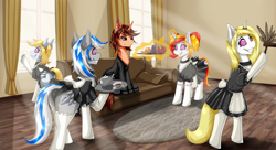 Size: 1980x1080 | Tagged: safe, artist:shamziwhite, oc, oc:chloe adore, oc:cutting chipset, oc:deadie, oc:feather touch, oc:lady lightning strike, oc:searing flare, alicorn, earth pony, pegasus, pony, unicorn, black underwear, bound wings, butt, clothes, collar, dress, female, grin, horn, horn ring, hypnosis, latex, latex suit, levitation, magic, maid, mare, mind control, multiple characters, panties, plot, ring, sitting, skirt, smiling, standing, stockings, swirly eyes, telekinesis, thigh highs, underwear, upskirt, wings