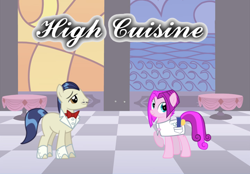 Size: 720x502 | Tagged: safe, artist:alexanderhunt88, horte cuisine, savoir fare, vidala swoon, earth pony, pony, g4, checkered floor, cover image, female, looking back, male, mare, stallion, waiter