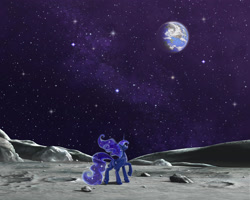 Size: 2500x1995 | Tagged: safe, artist:harwick, princess luna, alicorn, pony, fanfic:the mare who once lived on the moon, g4, commission, earth, fanfic art, female, full moon, looking up, mare, moon, scenery, solo, space, stars