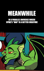 Size: 1000x1606 | Tagged: safe, artist:andy price, blacktip, dragon, g4, spoiler:comic61, alternate universe, caption, cropped, image macro, male, meanwhile, text, tomska