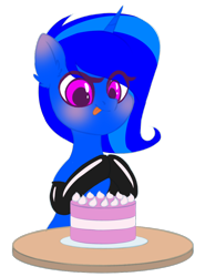 Size: 800x1080 | Tagged: safe, artist:latexcut1e, oc, oc only, oc:blue vector, pony, unicorn, birthday, blushing, cake, clothes, cute, ear fluff, food, gift art, happy, latex, latex socks, simple background, smiling, socks, solo, tongue out, transparent background