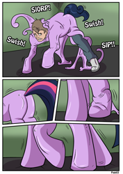 Size: 2480x3507 | Tagged: safe, artist:rex-equinox, twilight sparkle, goo, goo pony, human, latex pony, original species, pony, comic:many things to learn, g4, butt, comic, high res, human to pony, latex, living latex, plot, transformation, transformation sequence, twibutt