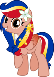 Size: 2052x2923 | Tagged: safe, artist:jhayarr23, oc, oc only, oc:pearl shine, pegasus, pony, eye clipping through hair, female, flower, flower in hair, folded wings, hair tie, high res, looking at you, mare, nation ponies, philippines, ponified, raised hoof, show accurate, simple background, smiling, solo, transparent background