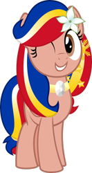 Size: 1789x3353 | Tagged: safe, artist:jhayarr23, oc, oc only, oc:pearl shine, pegasus, pony, brown eyes, female, flower, flower in hair, looking at you, mare, nation ponies, one eye closed, philippines, ponified, show accurate, simple background, smiling, solo, transparent background, wink