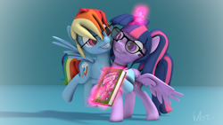 Size: 3840x2160 | Tagged: safe, artist:laylahorizonsfm, rainbow dash, twilight sparkle, alicorn, pegasus, pony, g4, 3d, alternate hairstyle, blue background, book, choker, colored eyelashes, daring do and the sapphire statue, duo, female, glasses, grin, high res, hug, lesbian, levitation, looking at each other, looking at someone, magic, mare, pigtails, ship:twidash, shipping, signature, simple background, smiling, source filmmaker, spread wings, telekinesis, twilight sparkle (alicorn), twintails, wings