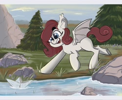 Size: 2048x1678 | Tagged: safe, artist:tasiashoe, oc, oc only, bat pony, pony, paper boat, solo, tree, water