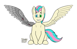 Size: 5500x3500 | Tagged: safe, artist:soupyfox, oc, oc only, oc:prism streak, pegasus, pony, amputee, artificial wings, augmented, heterochromia, looking at you, prosthetic limb, prosthetic wing, prosthetics, simple background, sitting, smiling, smiling at you, solo, spread wings, transparent background, wings