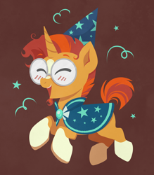 Size: 3312x3781 | Tagged: safe, artist:confetticakez, sunburst, pony, unicorn, beard, blushing, brown background, cloak, clothes, cute, eyes closed, facial hair, glasses, happy, hat, high res, male, markings, open mouth, round glasses, simple background, solo, stallion, sunbetes, sunburst's cloak, sunburst's glasses, wizard hat