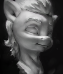 Size: 926x1080 | Tagged: safe, artist:assasinmonkey, sprout cloverleaf, earth pony, pony, g5, my little pony: a new generation, black and white, bust, grayscale, male, monochrome, solo, stallion, statue