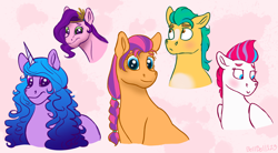 Size: 4272x2350 | Tagged: safe, artist:bella-pink-savage, hitch trailblazer, izzy moonbow, pipp petals, sunny starscout, zipp storm, earth pony, pegasus, pony, unicorn, g5, my little pony: a new generation, blushing, female, implied shipping, implied straight, male, mane five, mare, ship:stormblazer, shipping, shy, simple background, stallion, straight