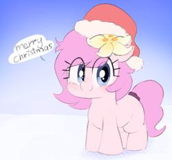 Size: 2344x2184 | Tagged: safe, artist:parfait, oc, oc only, oc:kayla, earth pony, pony, christmas, female, filly, flower, flower in hair, hat, high res, holiday, looking at you, santa hat, scrunchie, simple background, smiling, solo, text