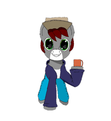 Size: 1100x1200 | Tagged: safe, artist:sunlightsunshine, oc, oc only, oc:khaki-cap, earth pony, pony, 2022 community collab, derpibooru community collaboration, cap, clothes, cup, digital art, hat, looking at you, request, requested art, simple background, solo, transparent background