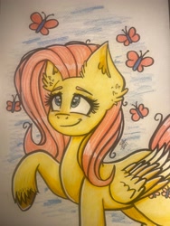 Size: 3024x4032 | Tagged: safe, artist:galaxy swirl, fluttershy, butterfly, pegasus, pony, g4, cute, daaaaaaaaaaaw, ear fluff, female, folded wings, high res, looking at something, looking up, mare, raised hoof, shyabetes, smiling, solo, standing, three quarter view, traditional art, unshorn fetlocks, wings