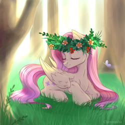 Size: 1024x1024 | Tagged: safe, artist:niia56, fluttershy, butterfly, pegasus, pony, colored hooves, crepuscular rays, cute, eyes closed, female, floral head wreath, flower, folded wings, grass, head turned, lying down, mare, outdoors, prone, shyabetes, smiling, solo, three quarter view, tree, unshorn fetlocks, wings