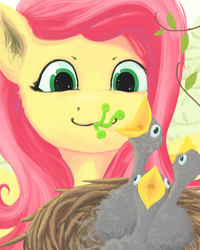 Size: 1024x1280 | Tagged: safe, artist:myr2a, fluttershy, bird, pegasus, pony, worm, g4, bust, chick, ear fluff, feeding, female, looking at someone, mare, mouth hold, nest, smiling, solo