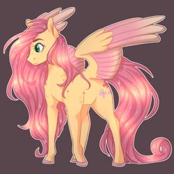 Size: 1024x1024 | Tagged: safe, artist:snowolive, fluttershy, pegasus, pony, g4, brown background, colored hooves, colored wings, cutie mark, female, long mane, long tail, looking away, mare, outline, profile, simple background, solo, spread wings, standing, tail, two toned wings, white outline, wings