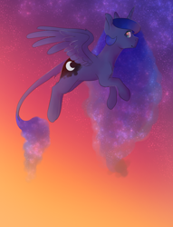 Size: 1024x1340 | Tagged: safe, artist:snowolive, princess luna, alicorn, pony, g4, cutie mark, ethereal mane, female, flying, leonine tail, looking at you, mare, missing accessory, smiling, solo, starry mane, stars, tail, twilight (astronomy)