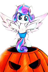 Size: 728x1097 | Tagged: safe, artist:liaaqila, princess flurry heart, alicorn, pony, g4, baby, baby pony, cute, diaper, female, filly, flurrybetes, flying, foal, halloween, holiday, jack-o-lantern, looking at you, pumpkin, simple background, smiling, solo, traditional art, white background