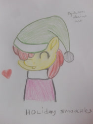 Size: 2121x2828 | Tagged: safe, artist:rajih0092, apple bloom, earth pony, pony, g4, adorabloom, christmas, cute, female, filly, hat, heart, high res, holiday, sketch, solo, traditional art